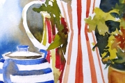 14-074 - Still Life with Hydrangea Head -£155  Watercolour on W/C Paper - White mount in Oak frame 50x40cm